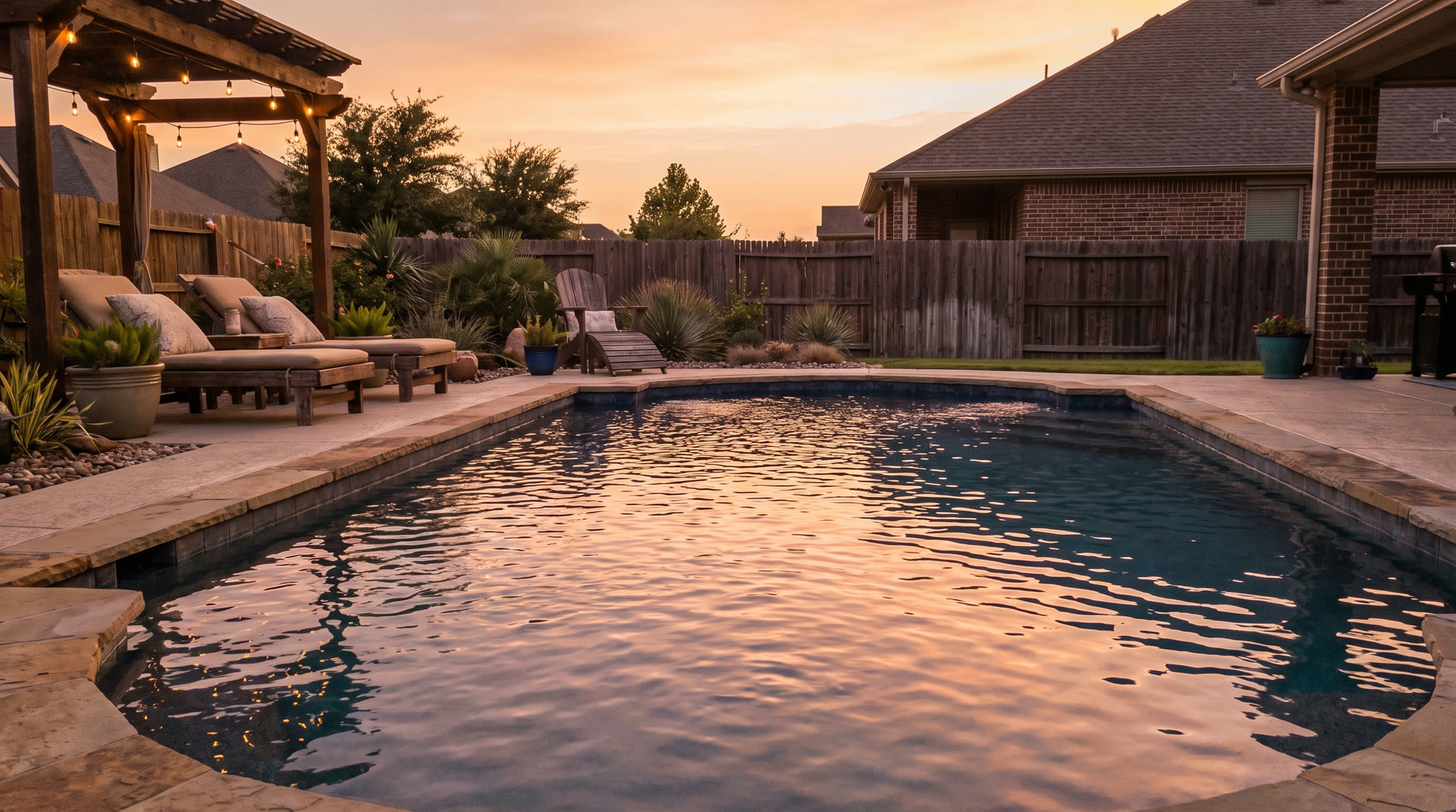 A clean, well-maintained in-ground pool with blue water at golden hour